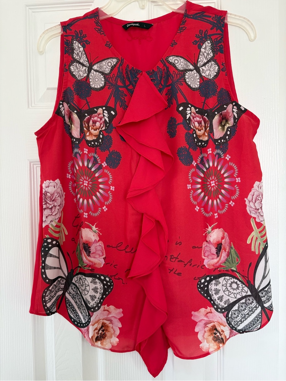 Desigual Red Butterfly Floral Ruffle Sleeveless Camisole